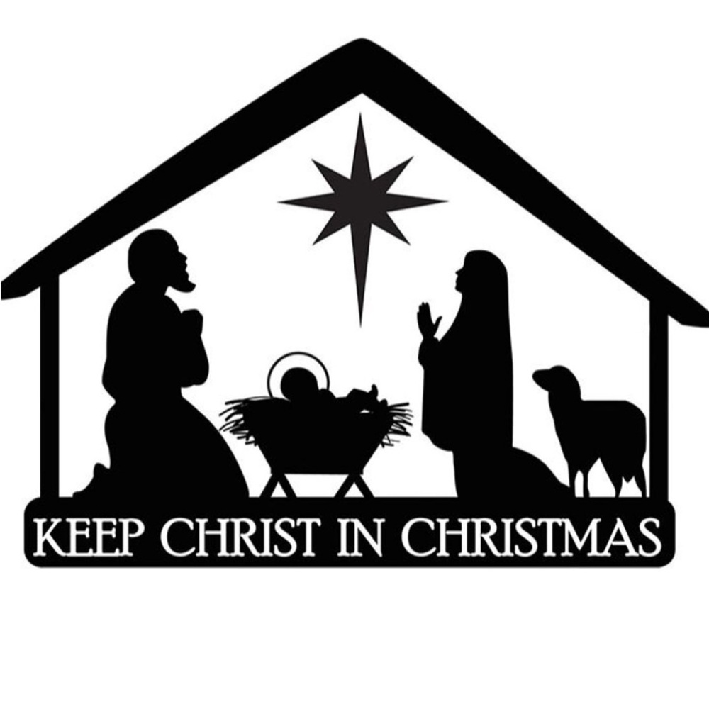Set of 2 Keep Christ in Christmas car magnet Nativity Scene outline black white